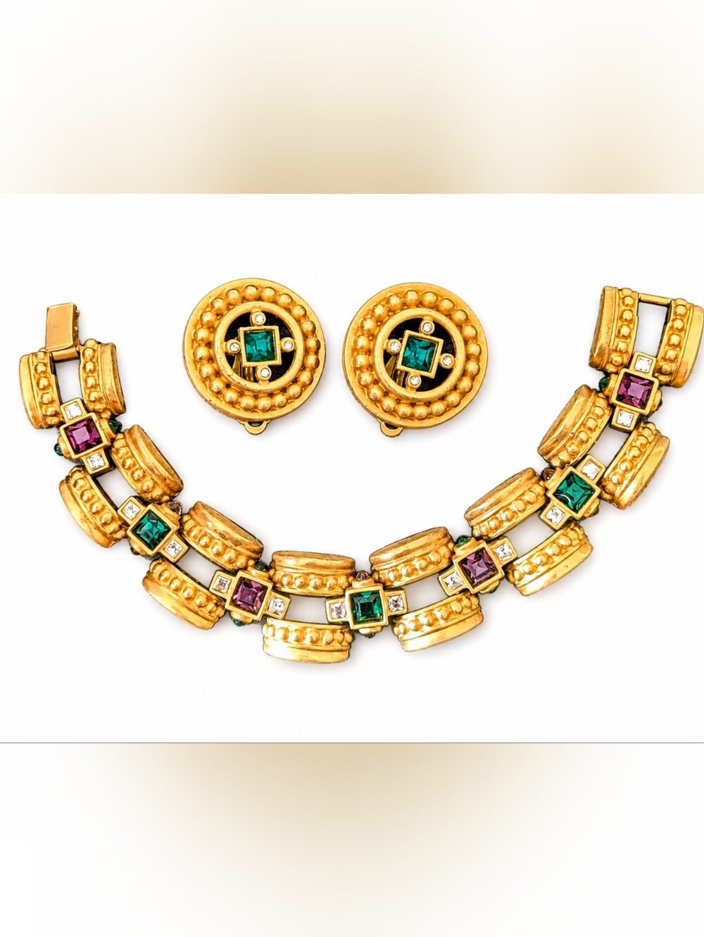 Vintage Givenchy Bracelet & Clip-On Earrings Set Signed Gold Tone Green Purple